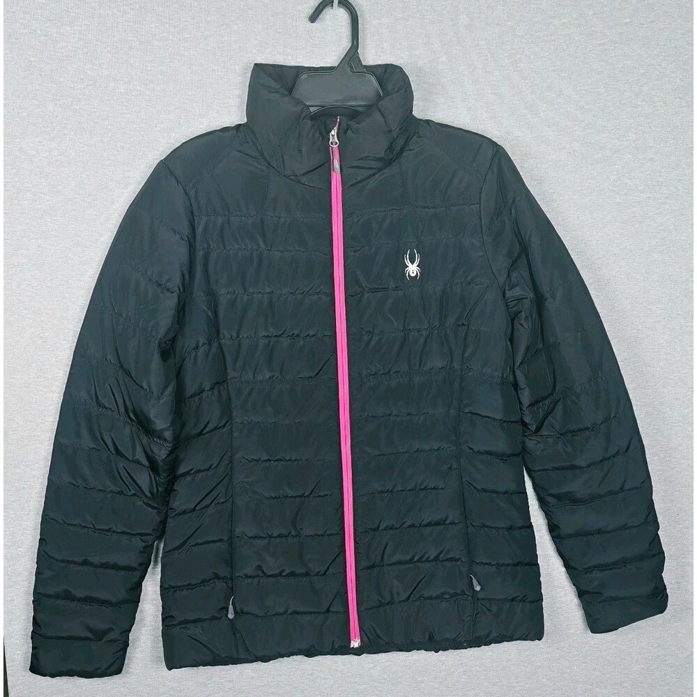 Spyder Women's Prymo Down Puffer Jacket Black Pink Size M 70% Duck Down